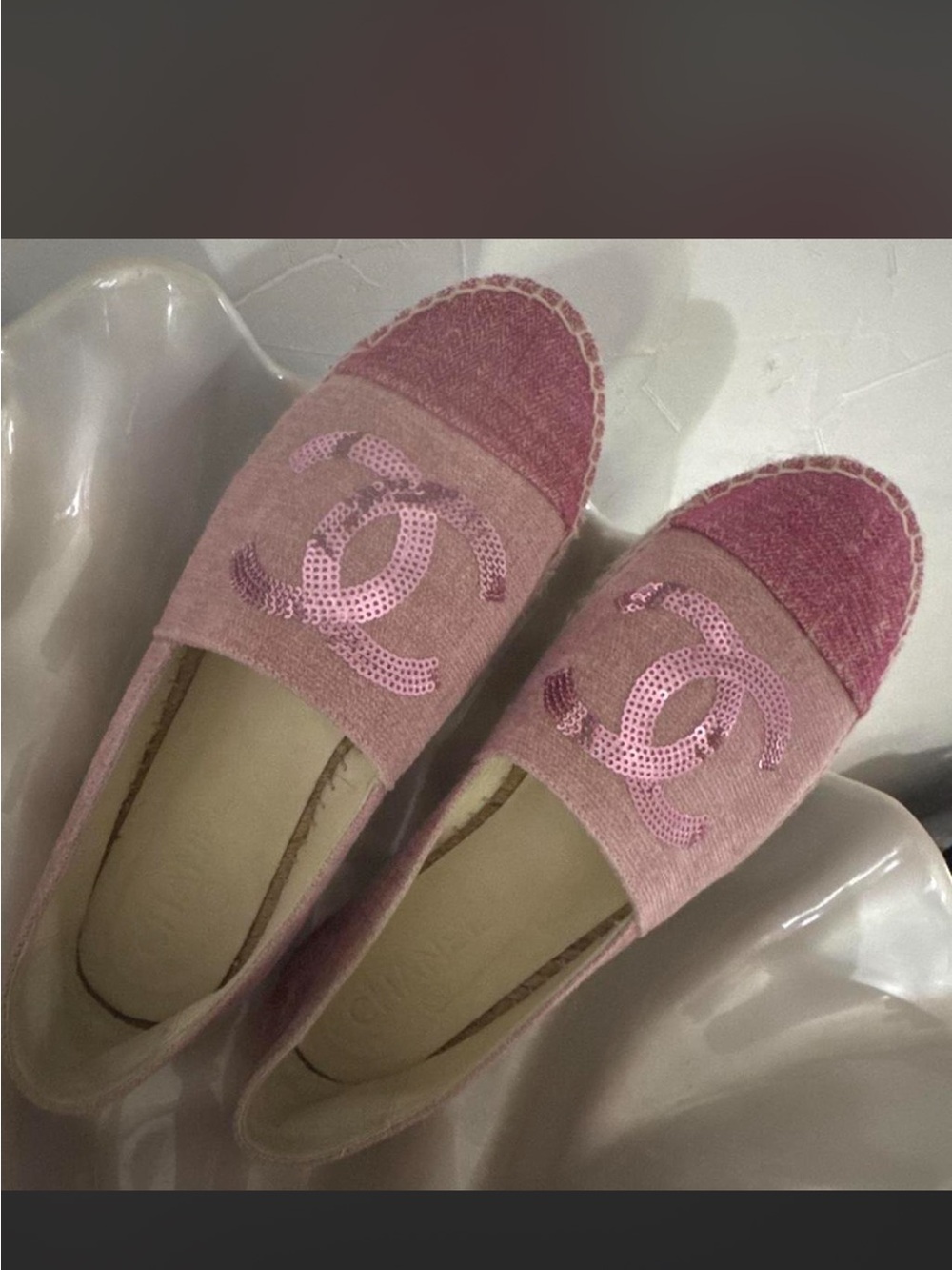 CHANEL Pink Sequin CC Espadrille Flats